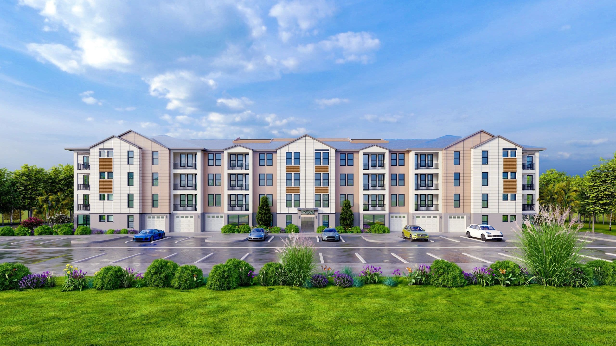 Rendering of a four-story Jackson Parc apartment building with garage level